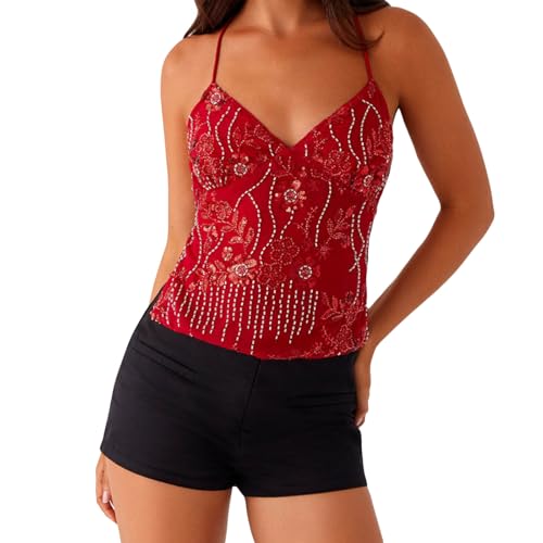 Damen Sommer Tops Elegant Rückenfreies Träger-Tops Spaghetti Träger Tank Top mit Paillettenstickerei Y2k Crop Top Cute Aesthetic Clothes (Rot, S) von Himllauen