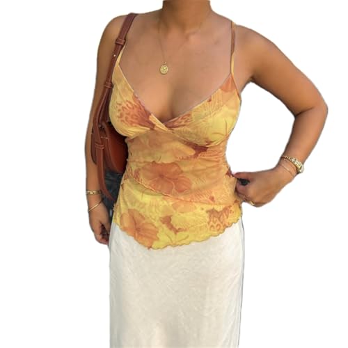 Damen Tops Ärmellose Träger-Tops Elegant Blumendruck Spaghetti Träger Tank Top Y2k Crop Top Sommer Slim Fit Oberteile Aesthetic Clothes (Gelb, M) von Himllauen
