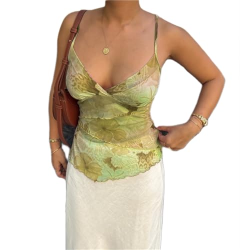 Damen Tops Ärmellose Träger-Tops Elegant Blumendruck Spaghetti Träger Tank Top Y2k Crop Top Sommer Slim Fit Oberteile Aesthetic Clothes (Grün, XL) von Himllauen