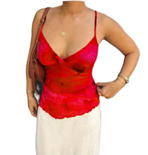 Damen Tops Ärmellose Träger-Tops Elegant Blumendruck Spaghetti Träger Tank Top Y2k Crop Top Sommer Slim Fit Oberteile Aesthetic Clothes (Rot, XL) von Himllauen