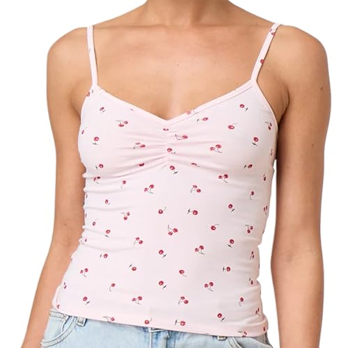 Damen Tops Ärmellose Träger-Tops Elegant Kirsche Spaghetti Träger Tank Top Y2k Crop Top Sommer Slim Fit Oberteile Aesthetic Clothes (Rosa, S) von Himllauen