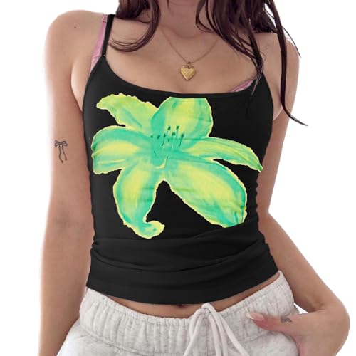 Damen Y2k Top Blumendruck Träger Tops Basic Tank Tops Sommer Tops Aesthetic Cute Clothes Slim Fit Camisole (A Schwarz & Grün, S) von Himllauen