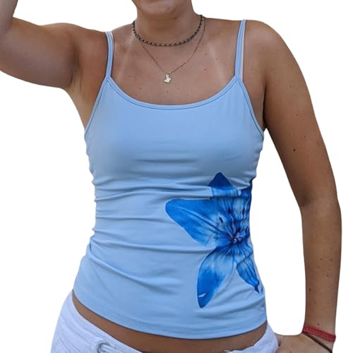 Damen Y2k Top Blumendruck Träger Tops Basic Tank Tops Sommer Tops Aesthetic Cute Clothes Slim Fit Camisole (Blau, L) von Himllauen