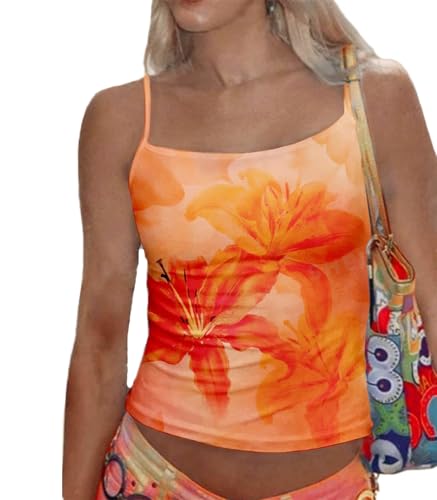 Damen Y2k Top Blumendruck Träger Tops Basic Tank Tops Sommer Tops Aesthetic Cute Clothes Slim Fit Camisole (Orange, S) von Himllauen