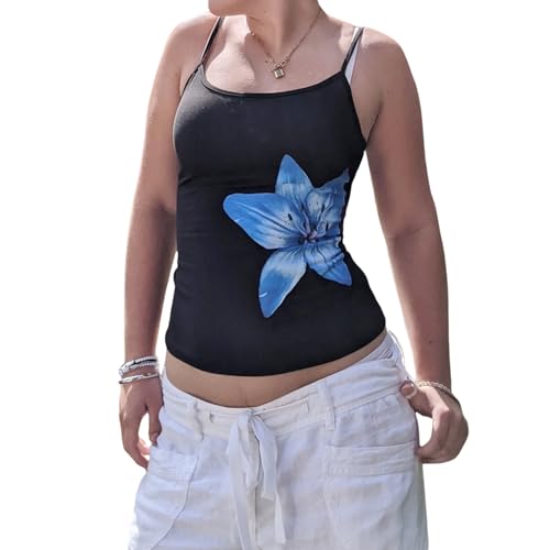 Damen Y2k Top Blumendruck Träger Tops Basic Tank Tops Sommer Tops Aesthetic Cute Clothes Slim Fit Camisole (Schwarz & Blau, M) von Himllauen