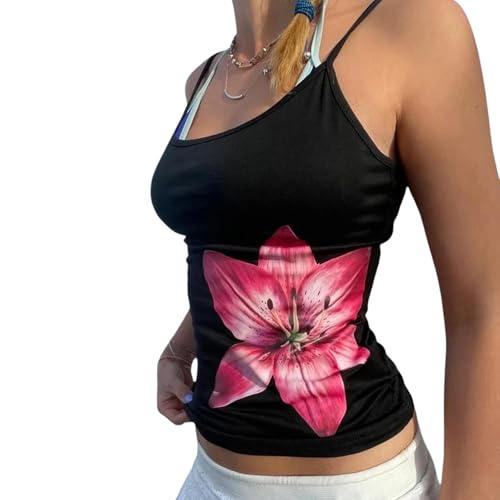 Damen Y2k Top Blumendruck Träger Tops Basic Tank Tops Sommer Tops Aesthetic Cute Clothes Slim Fit Camisole (Schwarz & Rosa, S) von Himllauen