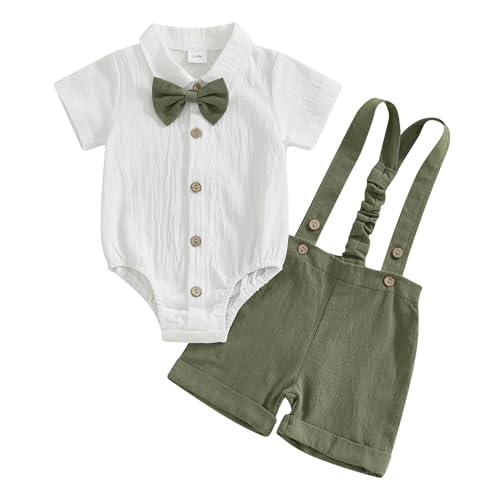 Himllauen Baby Jungen Anzug 0-18 Monate Kleinkind Gentleman Kurzarm Strampler Hemd mit Fliege + Hosenträger Shorts Sommerkleidung Sets für Festliche Taufe Hochzeit (Armeegrün, 3-6 Months) von Himllauen
