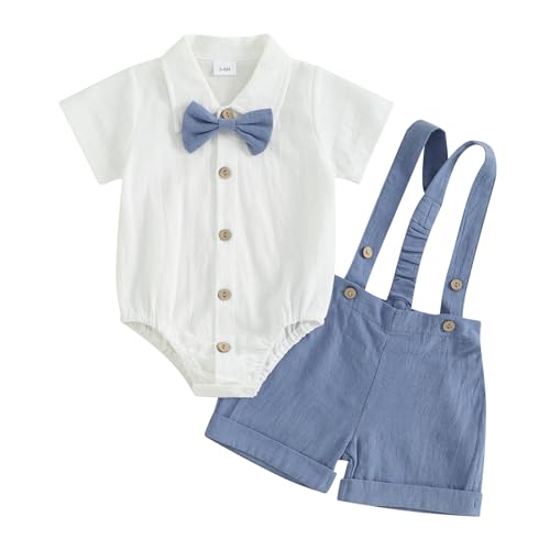 Himllauen Baby Jungen Anzug 0-18 Monate Kleinkind Gentleman Kurzarm Strampler Hemd mit Fliege + Hosenträger Shorts Sommerkleidung Sets für Festliche Taufe Hochzeit (Blau, 12-18 Months) von Himllauen