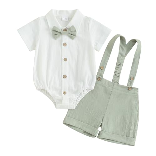 Himllauen Baby Jungen Anzug 0-18 Monate Kleinkind Gentleman Kurzarm Strampler Hemd mit Fliege + Hosenträger Shorts Sommerkleidung Sets für Festliche Taufe Hochzeit (Grün, 0-3 Months) von Himllauen