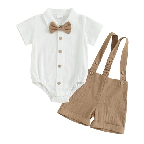 Himllauen Baby Jungen Anzug 0-18 Monate Kleinkind Gentleman Kurzarm Strampler Hemd mit Fliege + Hosenträger Shorts Sommerkleidung Sets für Festliche Taufe Hochzeit (Khaki, 0-3 Months) von Himllauen