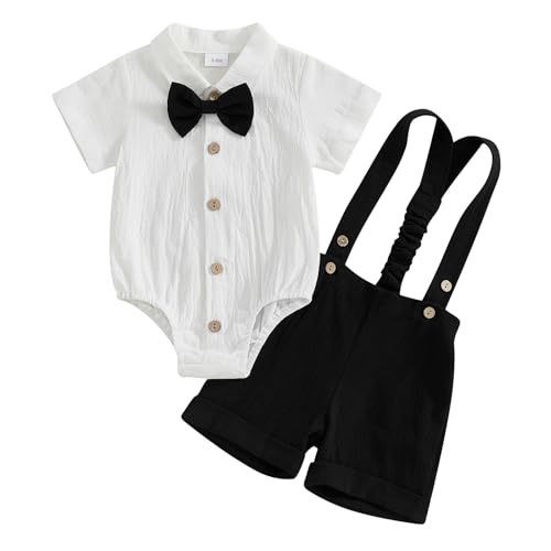 Himllauen Baby Jungen Anzug 0-18 Monate Kleinkind Gentleman Kurzarm Strampler Hemd mit Fliege + Hosenträger Shorts Sommerkleidung Sets für Festliche Taufe Hochzeit (Schwarz, 12-18 Months) von Himllauen
