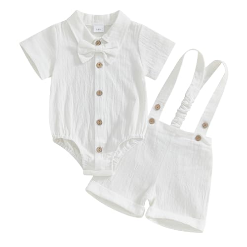 Himllauen Baby Jungen Anzug 0-18 Monate Kleinkind Gentleman Kurzarm Strampler Hemd mit Fliege + Hosenträger Shorts Sommerkleidung Sets für Festliche Taufe Hochzeit (Weiß, 6-9 Months) von Himllauen