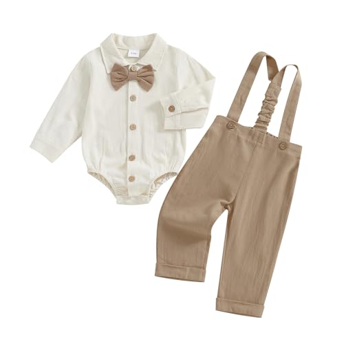 Himllauen Baby Jungen Herbst Gentleman Set Kleinkind Langarm Revers Ausschnitt Shirt Strampler mit Knopfleiste Fliege Hose 2 Stück Neugeborene Jungen Winter Outfits, Khaki a, 12-18 Months von Himllauen