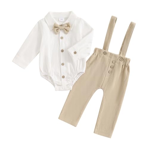 Himllauen Baby Jungen Herbst Gentleman Set Kleinkind Langarm Revers Ausschnitt Shirt Strampler mit Knopfleiste Fliege Hose 2 Stück Neugeborene Jungen Winter Outfits, khaki, 3-6 Months von Himllauen