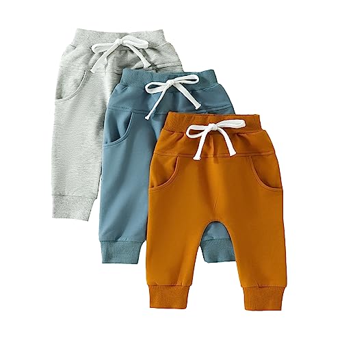 Himllauen Baby Jungen Hosen 3er-Pack Einfarbig Pumphose 0-3 Jahre Kleinkind Lange Hose (Blau Braun Grau, 2-3 Years) von Himllauen