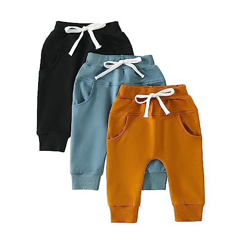 Himllauen Baby Jungen Hosen 3er-Pack Einfarbig Pumphose 0-3 Jahre Kleinkind Lange Hose (Blau Braun Schwarz, 12-18 Months) von Himllauen