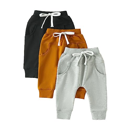 Himllauen Baby Jungen Hosen 3er-Pack Einfarbig Pumphose 0-3 Jahre Kleinkind Lange Hose (Schwarz Braun Grau, 0-6 Months) von Himllauen