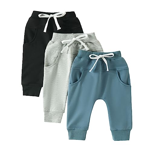 Himllauen Baby Jungen Hosen 3er-Pack Einfarbig Pumphose 0-3 Jahre Kleinkind Lange Hose (Schwarz Grau Blau, 12-18 Months) von Himllauen