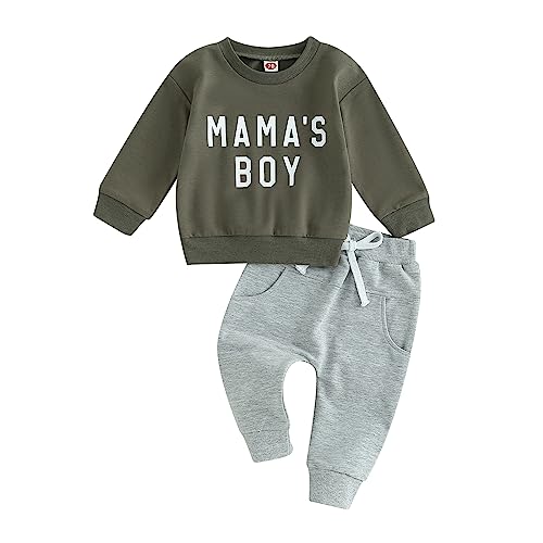 Himllauen Baby Jungen Kleidung Langarmshirt Top + Hose Zweiteiler Babykleidung 0-3 Jahre Kleinkind Set Neugeborene Outfit (Armeegrün Mama's Boy 1, 18-24 Months) von Himllauen