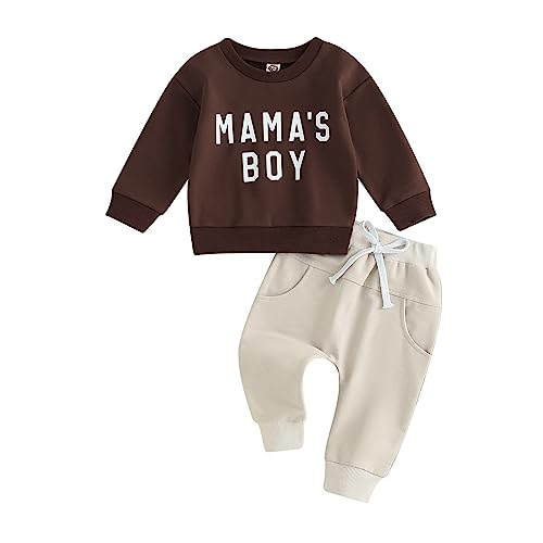 Himllauen Baby Jungen Kleidung Langarmshirt Top + Hose Zweiteiler Babykleidung 0-3 Jahre Kleinkind Set Neugeborene Outfit (Kaffee Mama's Boy 1, 6-12 Months) von Himllauen