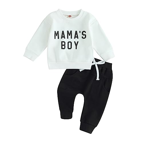 Himllauen Baby Jungen Kleidung Langarmshirt Top + Hose Zweiteiler Babykleidung 0-3 Jahre Kleinkind Set Neugeborene Outfit (Weiß Mama's Boy 1, 12-18 Months) von Himllauen