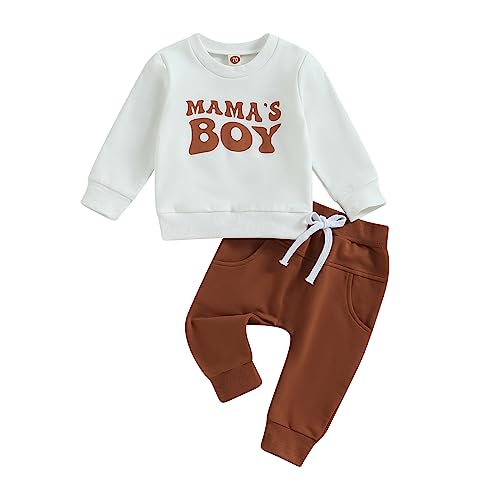 Himllauen Baby Jungen Kleidung Langarmshirt Top + Hose Zweiteiler Babykleidung 0-3 Jahre Kleinkind Set Neugeborene Outfit (Weiß & Braun Mama's Boy 2, 0-6 Months) von Himllauen