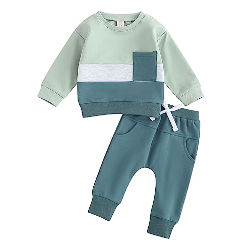 Himllauen Baby Jungen Kleidung Patchwork Sweatshirt + Hose Kleinkind Outfits Zweiteiler Babykleidung Neugeborene Set (B Blau, 6-12 Months) von Himllauen