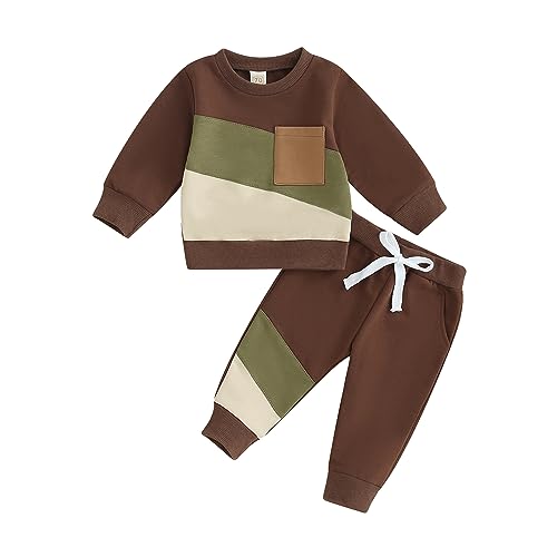 Himllauen Baby Jungen Kleidung Patchwork Sweatshirt + Hose Kleinkind Outfits Zweiteiler Babykleidung Set (G Dunkelbraun, 2-3 Years) von Himllauen