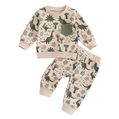 Himllauen Baby Jungen Kleidung Pullover mit Dinosaurier-Muster + Hose Zweiteiler Babykleidung Neugeborene Set 0-4 Jahre Kleinkind Outfit (01&Khaki, 6-12 Months) von Himllauen