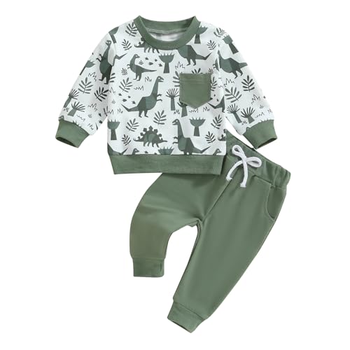 Himllauen Baby Jungen Kleidung Pullover mit Dinosaurier-Muster + Hose Zweiteiler Babykleidung Neugeborene Set 0-4 Jahre Kleinkind Outfit (02&Grün, 6-12 Months) von Himllauen