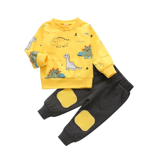 Himllauen Baby Jungen Kleidung Pullover mit Dinosaurier-Muster + Hose Zweiteiler Babykleidung Neugeborene Set 0-4 Jahre Kleinkind Outfit (04&Gelb, 6-12 Months) von Himllauen