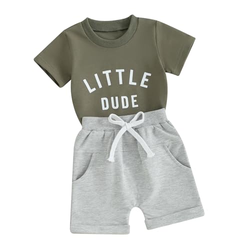 Himllauen Baby Jungen Kleidung Sommer Kinder Outfits Little Dude T-Shirt + Shorts Zweiteiler Babykleidung Neugeborene Set (A Armeegrün, 12-18 Months) von Himllauen