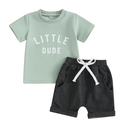 Himllauen Baby Jungen Kleidung Sommer Kinder Outfits Little Dude T-Shirt + Shorts Zweiteiler Babykleidung Neugeborene Set (A Grün, 0-6 Months) von Himllauen