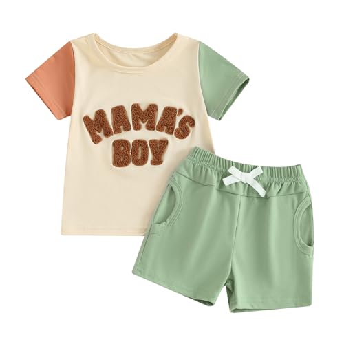 Himllauen Baby Jungen Kleidung Sommer Kinder Outfits Patchwork T-Shirt + Shorts Zweiteiler Babykleidung (D Mama's Boy Aprikose, 2-3 Years) von Himllauen