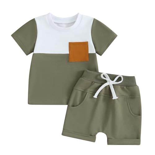 Himllauen Baby Jungen Kleidung Sommer Kinder Outfits Patchwork T-Shirt + Shorts Zweiteiler Babykleidung (E Armeegrün, 12-18 Months) von Himllauen
