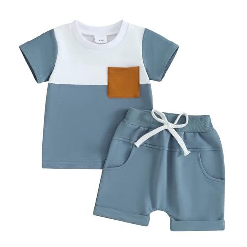 Himllauen Baby Jungen Kleidung Sommer Kinder Outfits Patchwork T-Shirt + Shorts Zweiteiler Babykleidung (E Blau, 6-12 Months) von Himllauen