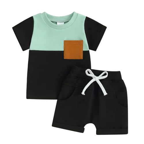 Himllauen Baby Jungen Kleidung Sommer Kinder Outfits Patchwork T-Shirt + Shorts Zweiteiler Babykleidung (E Schwarz, 12-18 Months) von Himllauen