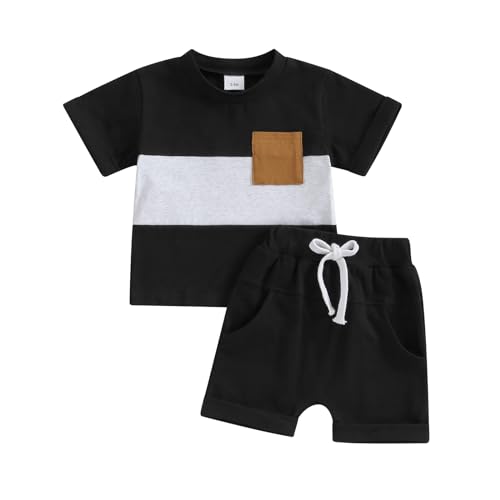 Himllauen Baby Jungen Kleidung Sommer Kinder Outfits Patchwork T-Shirt + Shorts Zweiteiler Babykleidung (F Schwarz, 0-6 Months) von Himllauen