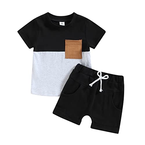 Himllauen Baby Jungen Kleidung Sommer Kinder Outfits Patchwork T-Shirt + Shorts Zweiteiler Babykleidung Neugeborene Set (B Schwarz + Grau, 18-24 Months) von Himllauen