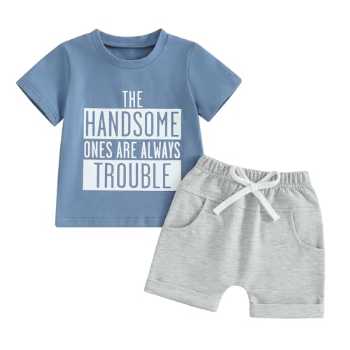 Himllauen Baby Jungen Kleidung Sommer Zweiteiler Outfit T-Shirt und Shorts Set 0-3 Jahre Kleinkind Outfits (G Blau & Hellgrau, 18-24 Months) von Himllauen