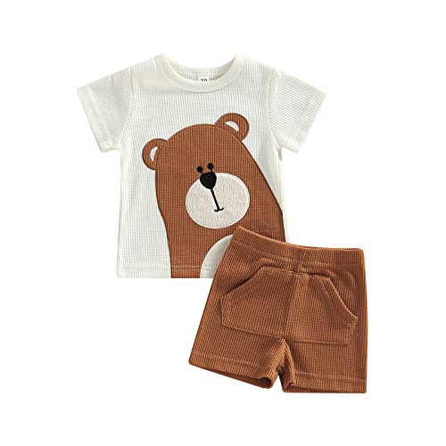 Himllauen Baby Jungen Kleidung Sommer Zweiteiler Set Tier Print T-Shirt + Shorts Neugeborene Kleidung 0-3 Jahre Kinder Outfit (Bär Weiß & Braun, 0-6 Months) von Himllauen