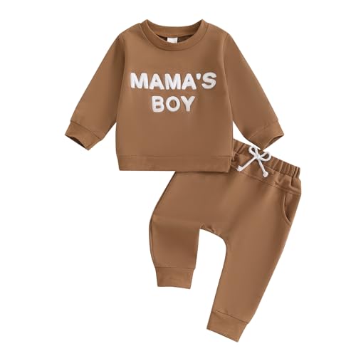 Himllauen Baby Jungen Kleidung Sweatshirt Mama's Boy + Hose Zweiteiler Babykleidung Neugeborene Set 0-3 Jahre Kleinkind Outfit Baby Jogginganzug (Kaffee, 12-18 Months) von Himllauen