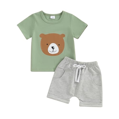 Himllauen Baby Jungen Kleidung T-Shirt + Shorts Zweiteiler Babykleidung Sommer Outfit Neugeborene 0-3 Jahre Kinder Kleidung (Bär Grün & Hellgrau, 2-3 Years) von Himllauen