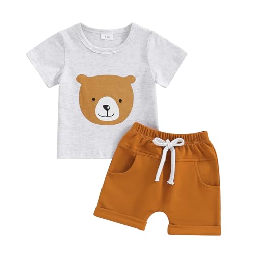 Himllauen Baby Jungen Kleidung T-Shirt + Shorts Zweiteiler Babykleidung Sommer Outfit Neugeborene 0-3 Jahre Kinder Kleidung (Bär Hellgrau & Braun, 0-6 Months) von Himllauen