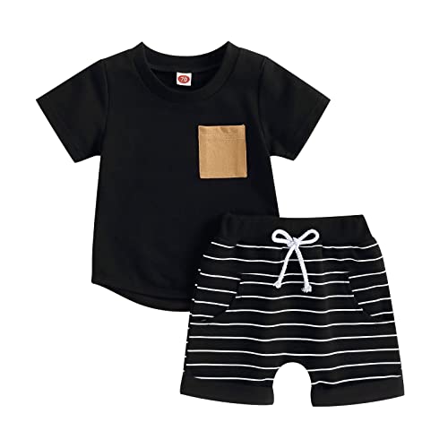 Himllauen Baby Jungen Kleidung T-Shirt + Shorts Zweiteiler Babykleidung Sommer Outfit Neugeborene 0-3 Jahre Kinder Kleidung (Streifen Schwarz, 2-3 Years) von Himllauen