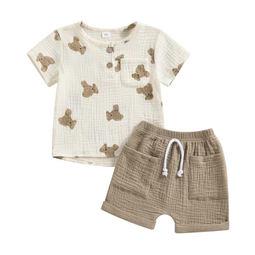 Himllauen Baby Jungen Kleidung T-Shirt + Shorts Zweiteiler Musselin Baby Kleidung Sommer Neugeborene 0-3 Jahre Kinder Kleidung (Bär Braun, 6-12 Months) von Himllauen