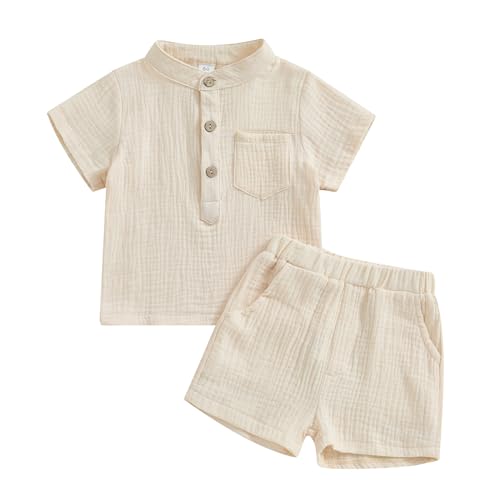 Himllauen Baby Jungen Kleidung T-Shirt + Shorts Zweiteiler Musselin Baby Kleidung Sommer Neugeborene 0-3 Jahre Kinder Kleidung (Beige, 6-12 Months) von Himllauen