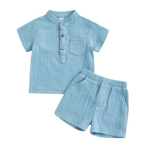 Himllauen Baby Jungen Kleidung T-Shirt + Shorts Zweiteiler Musselin Baby Kleidung Sommer Neugeborene 0-3 Jahre Kinder Kleidung (Blau, 12-18 Months) von Himllauen