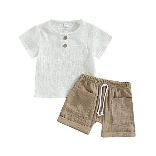 Himllauen Baby Jungen Kleidung T-Shirt + Shorts Zweiteiler Musselin Baby Kleidung Sommer Neugeborene 0-3 Jahre Kinder Kleidung (Weiß Braun, 6-12 Months) von Himllauen