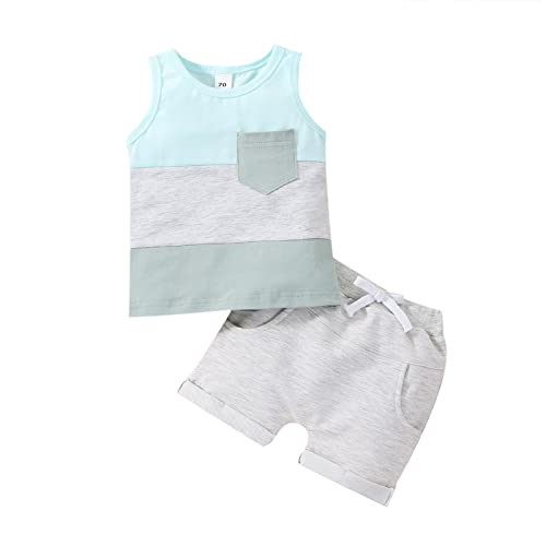 Himllauen Baby Jungen Kleidung Tank Top und Shorts Zweiteiler Set Neugeborene Babykleidung Sommer Kinder Outfit (A Blau Grau Grün, 12-18 Months) von Himllauen